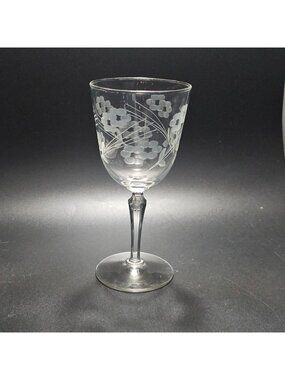 Vintage Etched Glass Wine Goblet 7" Floral Design Elegant Tableware glassware